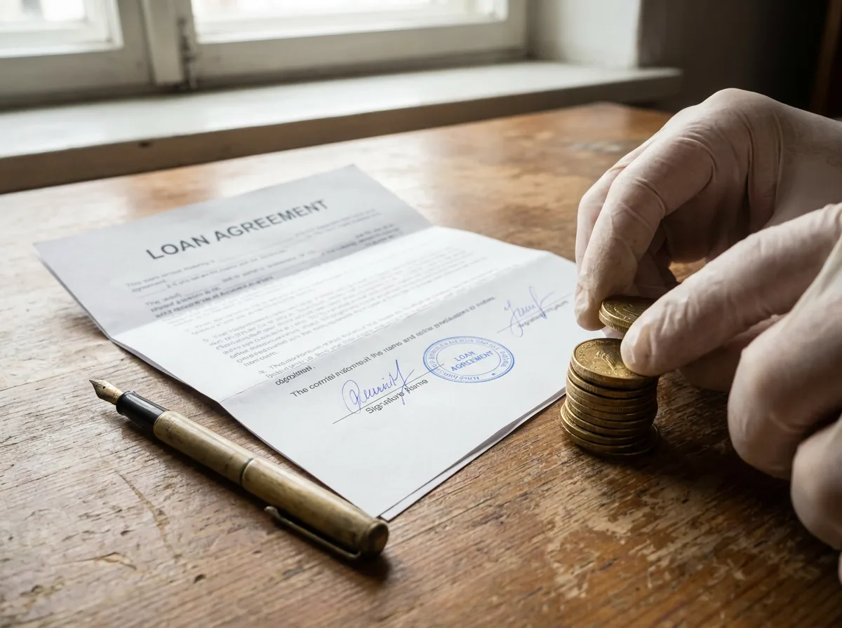 Hands stacking gold coins next to signed loan document on desk
