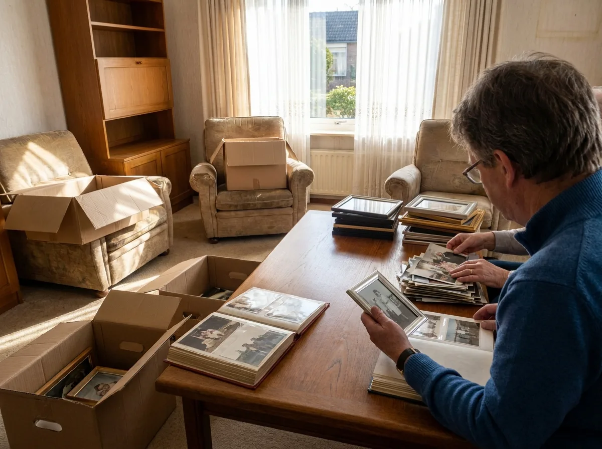Sunlit living room with furniture, boxes, and framed photographs sorted on a table