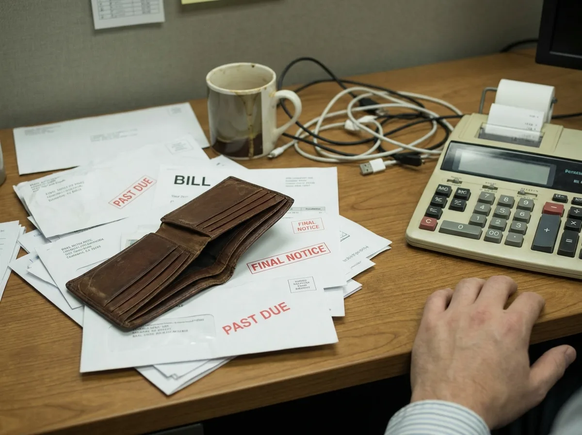 Cluttered desk with empty wallet, unpaid bills, and calculator under office lighting
