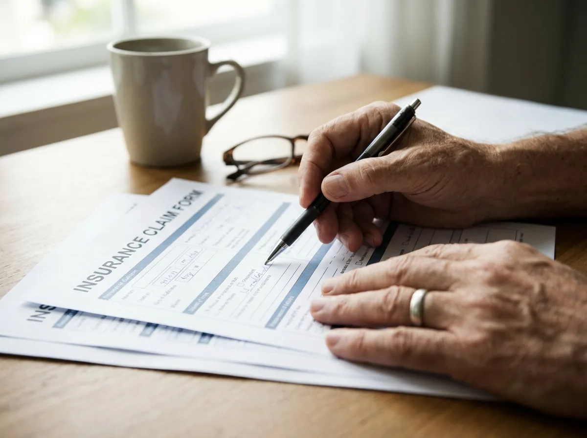 Hands reviewing printed insurance claim form on desk with pen in natural light