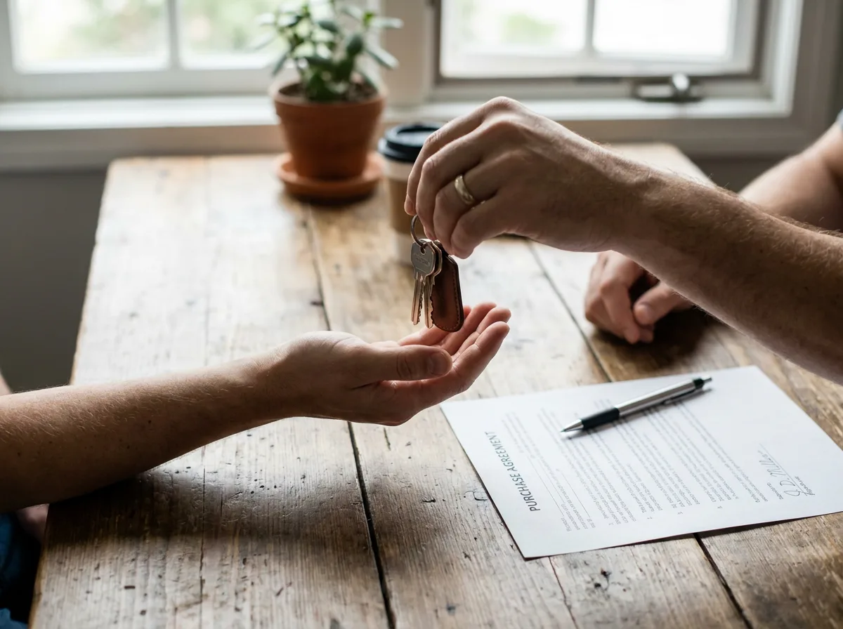 Hands exchanging keys over a table with signed contract in natural light