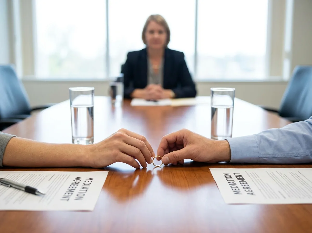 Couple exchanging wedding ring during divorce mediation session