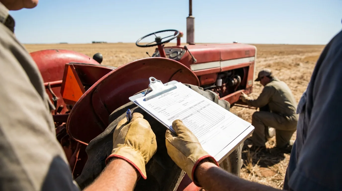 Certified appraiser holding clipboard while inspecting tractor in farm field
