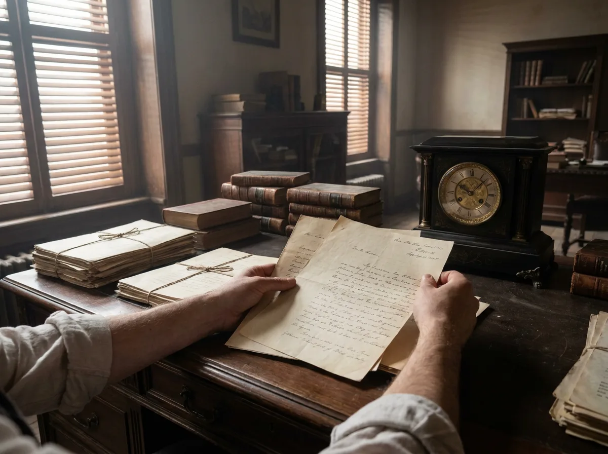 Person's hands reviewing stacked documents on wooden desk with antique clock and sunlight through blinds
