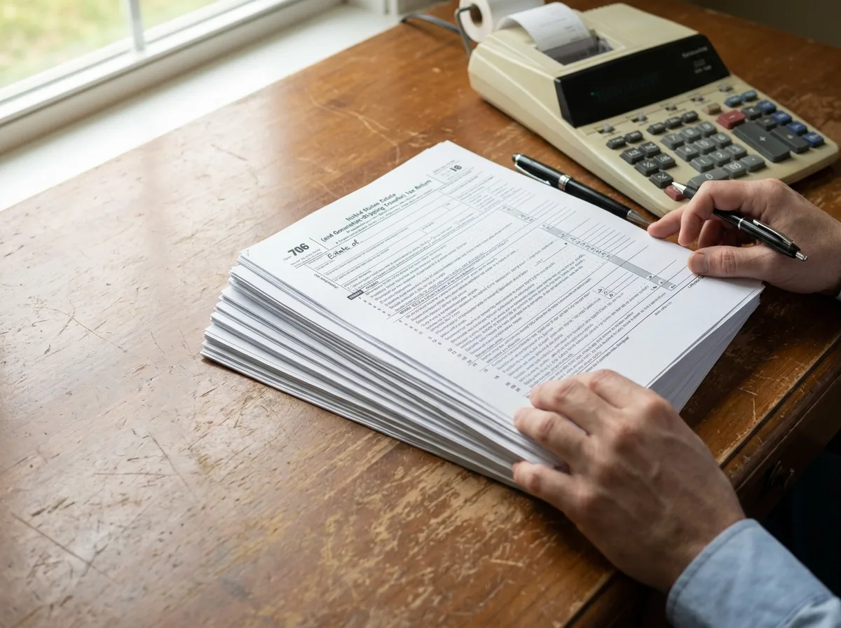 Estate tax documents and Form 706 stacked on wooden desk with calculator and pen
