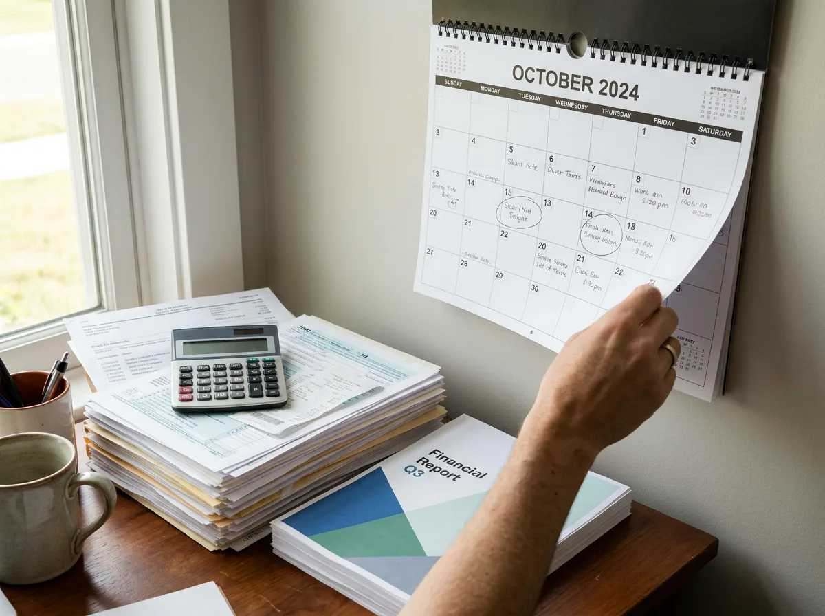 Hand adjusting calendar page beside stack of financial documents on desk