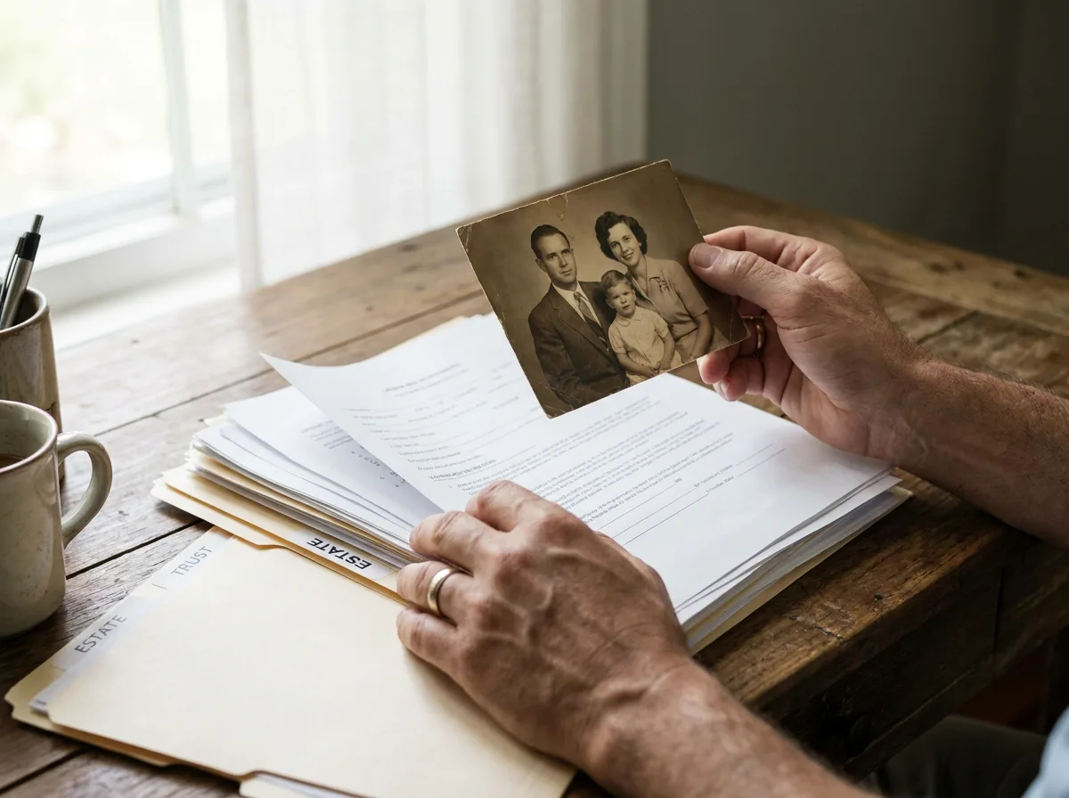 Hands sorting through stacked legal documents and old family photograph on wooden desk with natural window light