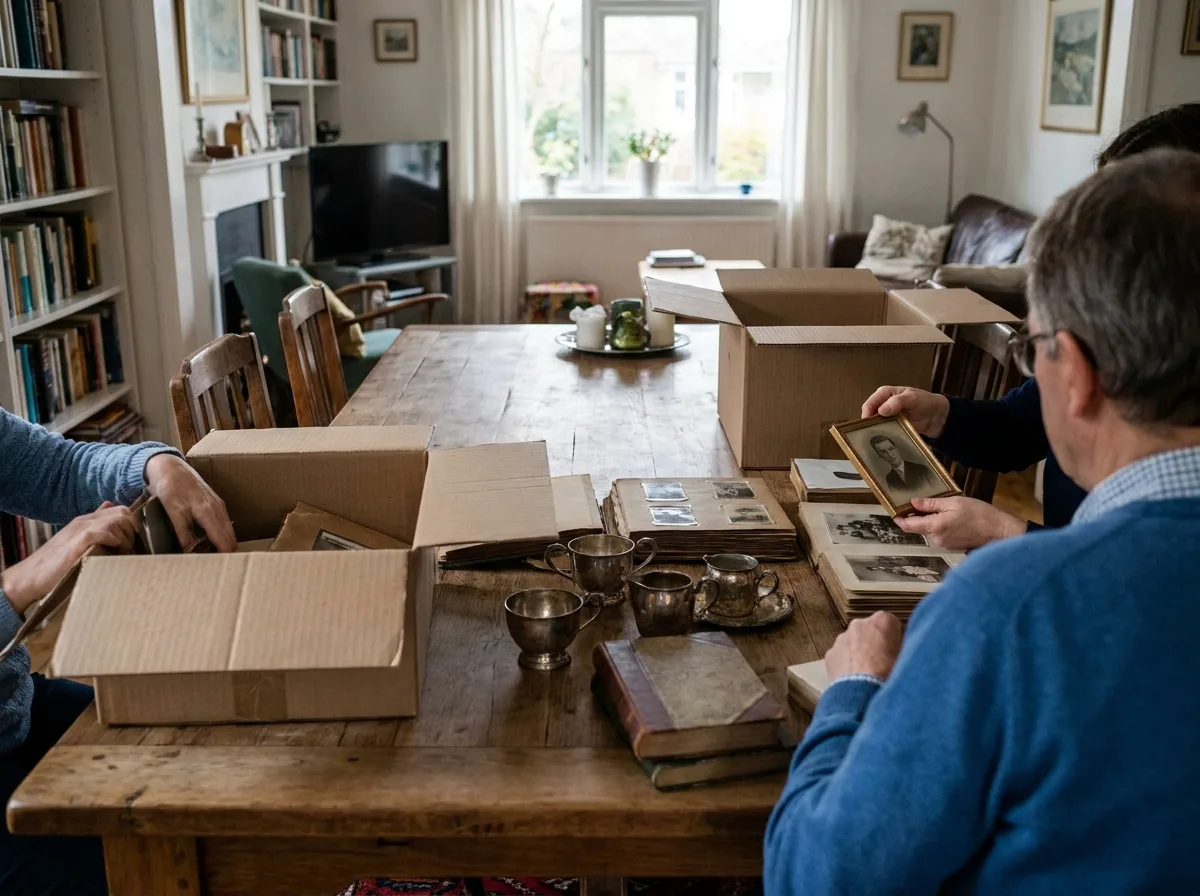 Family examining antique items and boxes at wooden dining table in living room