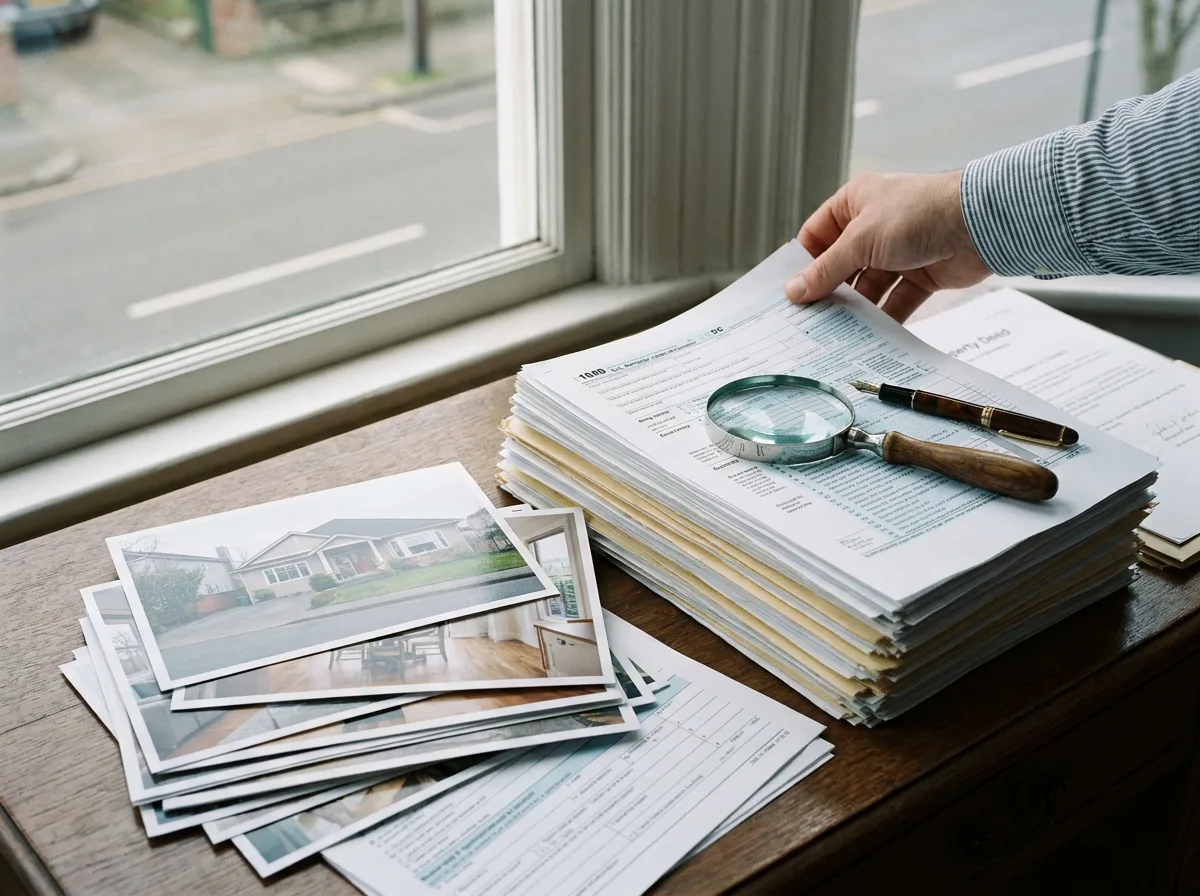 Financial documents and property photos stacked on desk with magnifying glass and pen