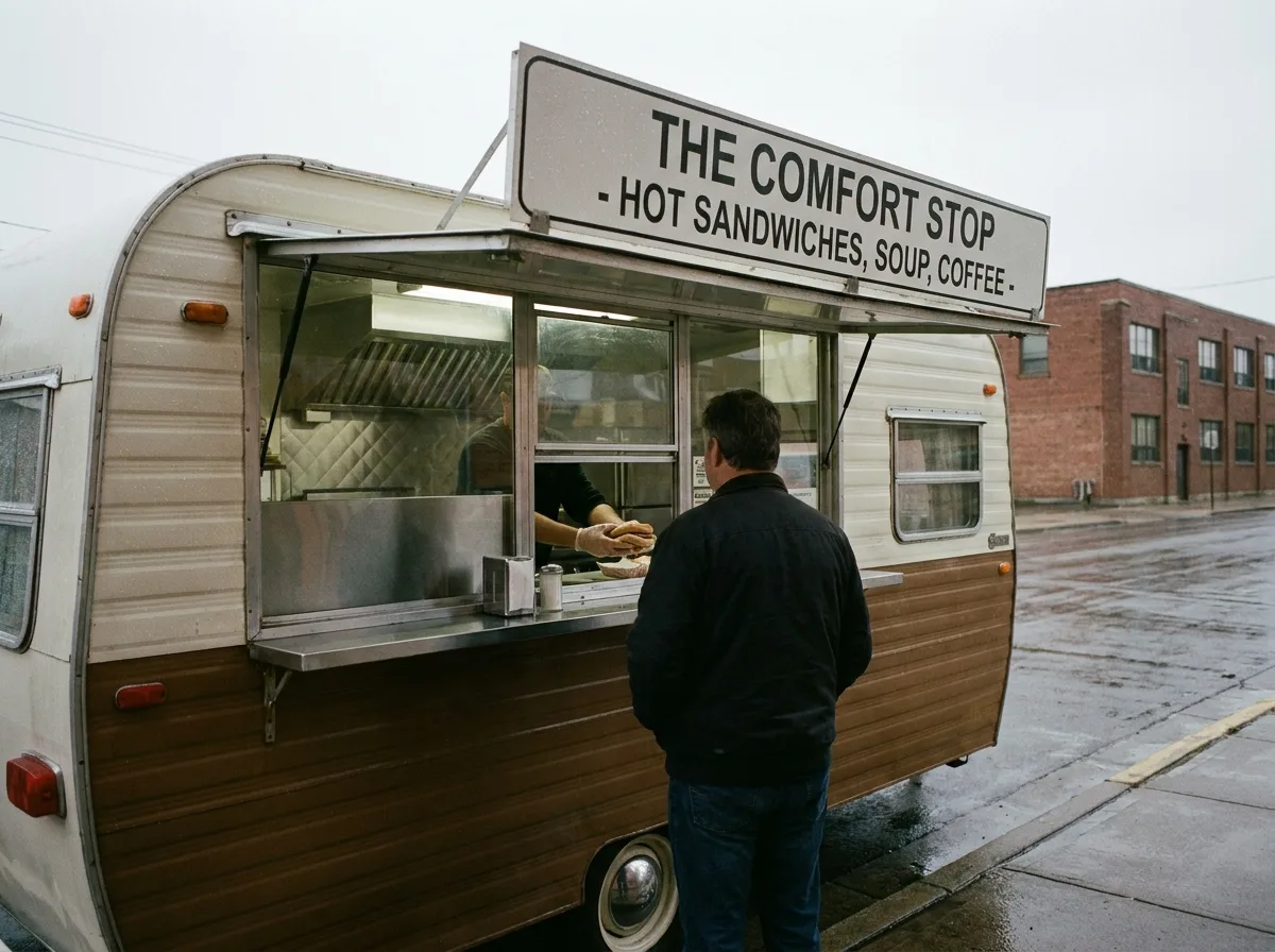 Concession trailer with open service window parked at curb under gray sky