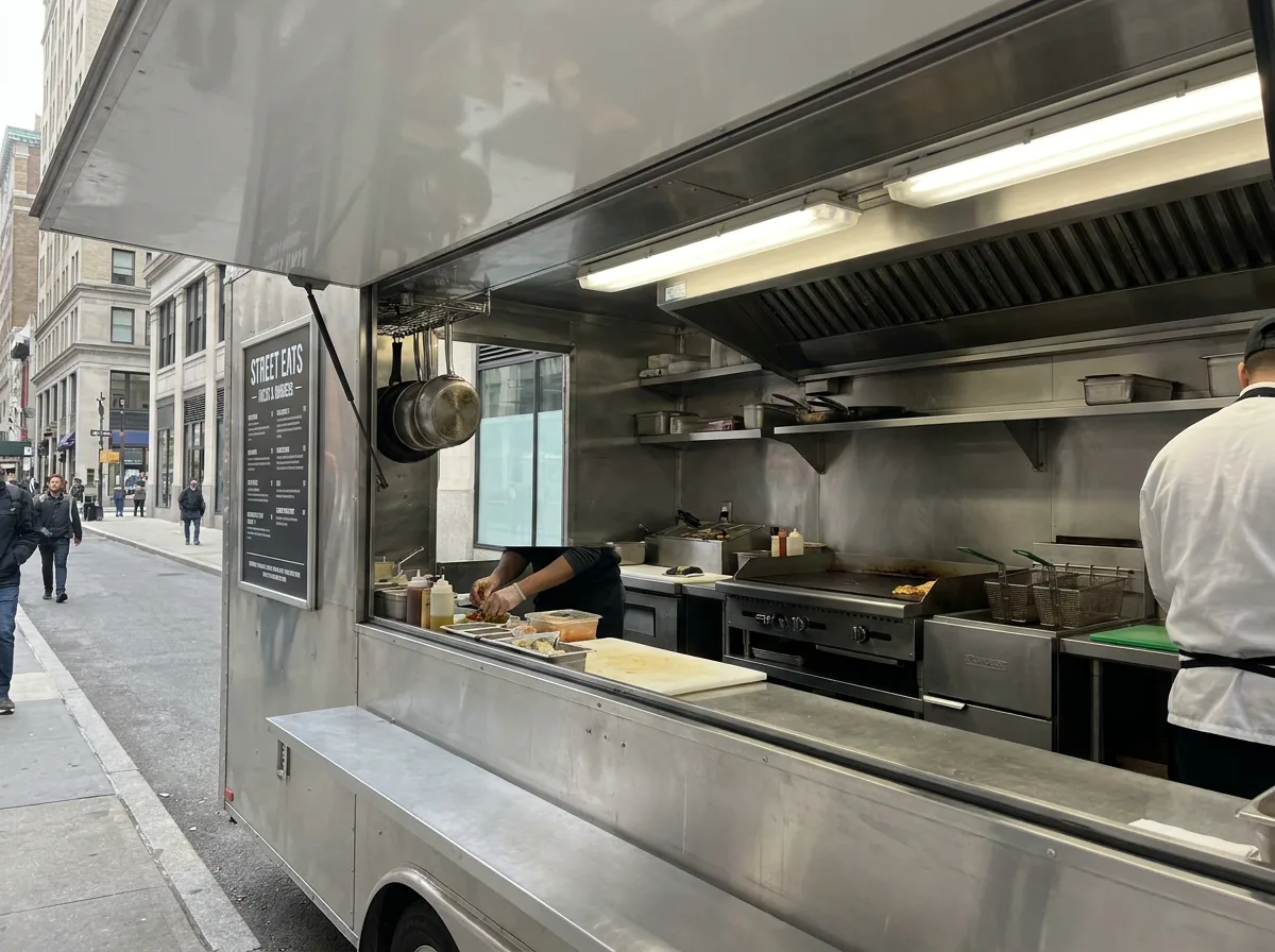 Stainless steel food truck with open service window parked on urban street