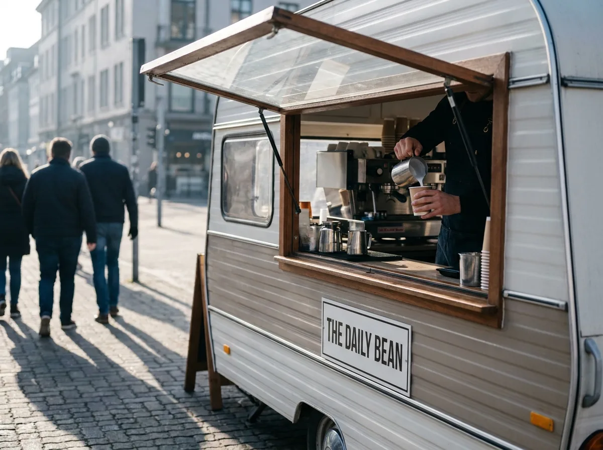 Barista preparing coffee inside a compact mobile coffee trailer with open service window