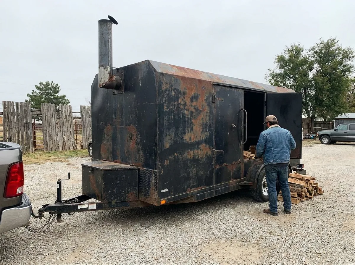 BBQ smoker trailer with steel smokestack parked in gravel yard