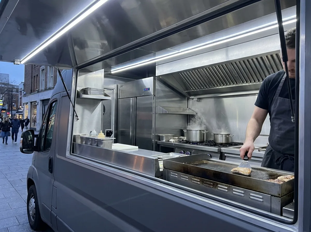 Stainless steel commercial kitchen setup inside a converted van with service window open