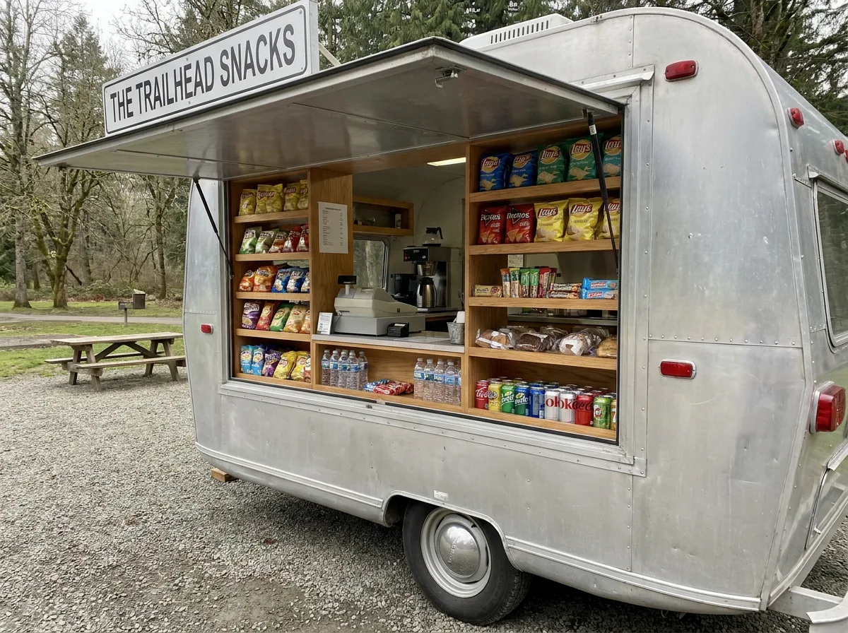 Snack trailer with open serving window displaying stocked shelves of snacks and drinks