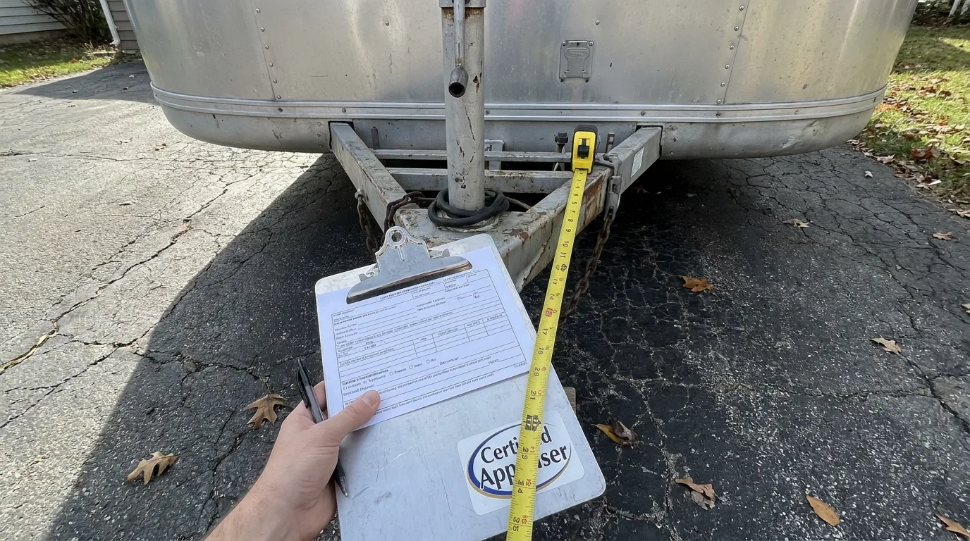 Certified appraiser reviewing a travel trailer during an inspection