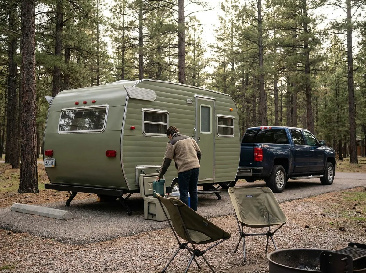 Travel trailer hitched to truck at campsite during daytime