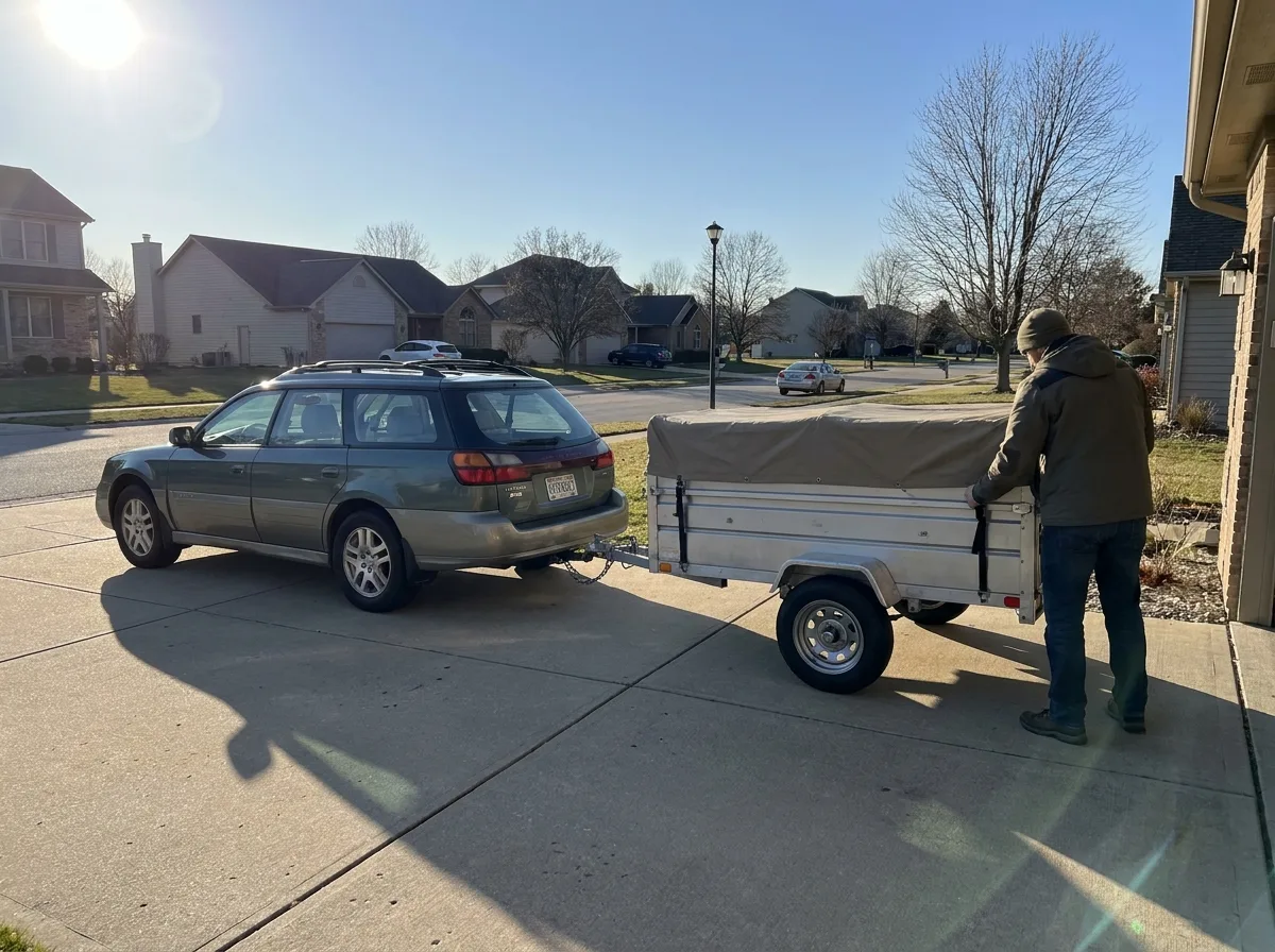 Small utility trailer hitched to a car in a driveway