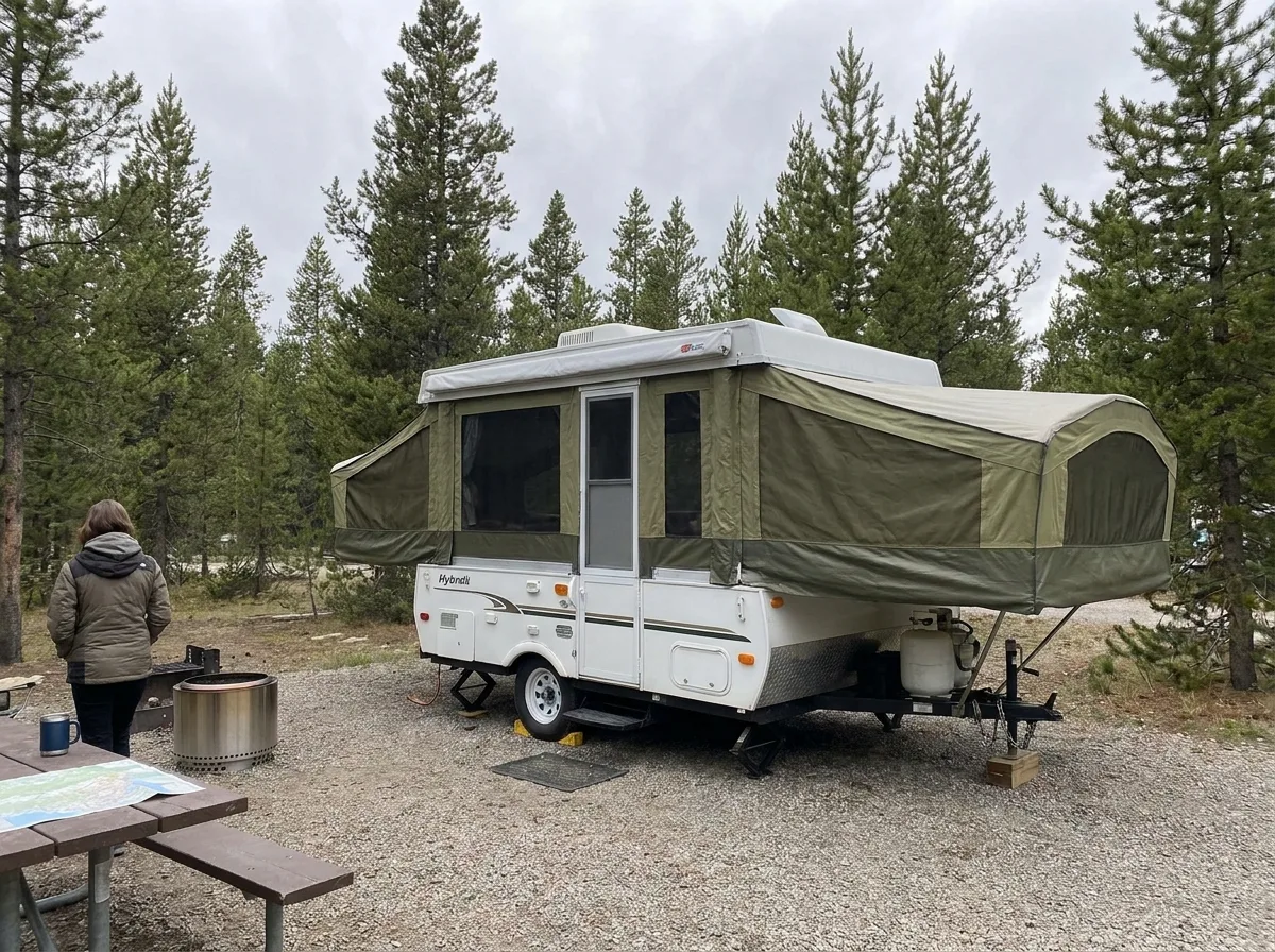 Expandable hybrid travel trailer with canvas sides deployed at a campsite