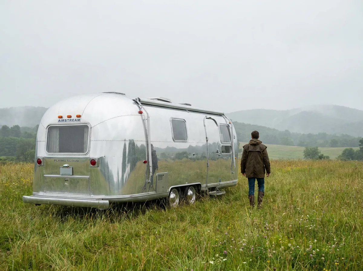 Polished vintage aluminum travel trailer in grassy field with overcast sky reflected in silver body