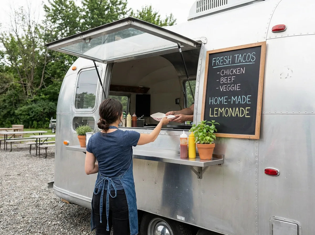 Concession trailer with open service window, serving counter, and menu board displayed outdoors
