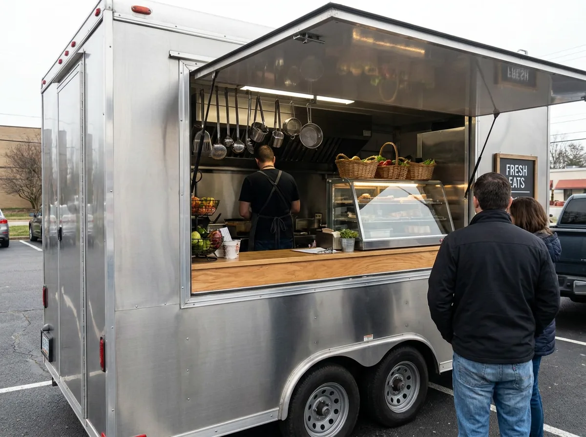 Stainless steel food trailer with open service window displaying counter and hanging utensils