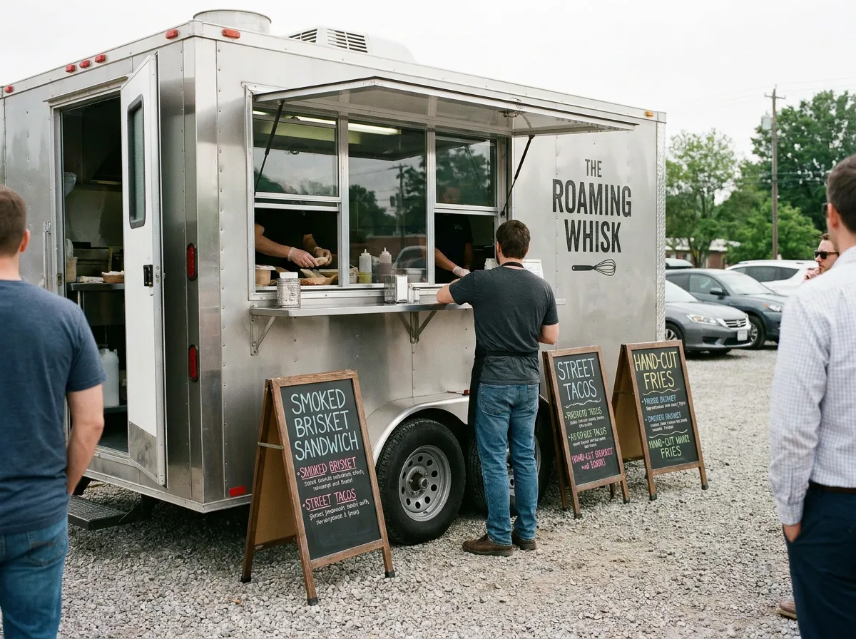 Stainless steel food trailer with open service window and folding menu boards in parking lot