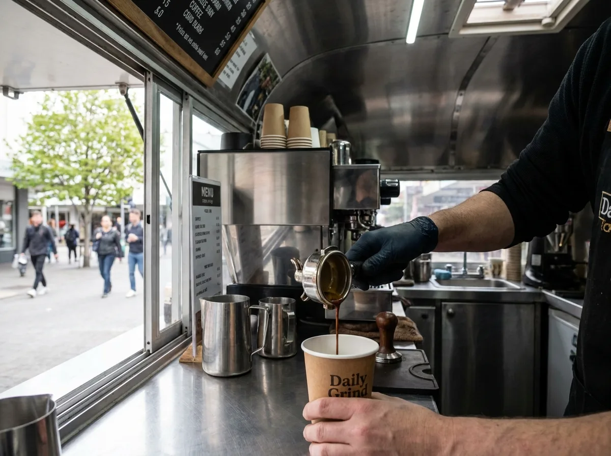 Hand pouring espresso into paper cup through coffee trailer service window