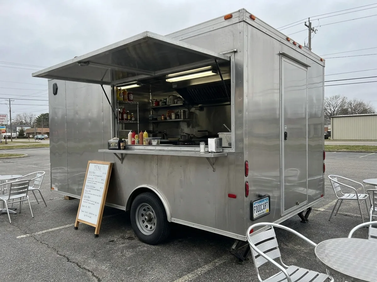 Stainless steel food trailer with open service window in parking lot