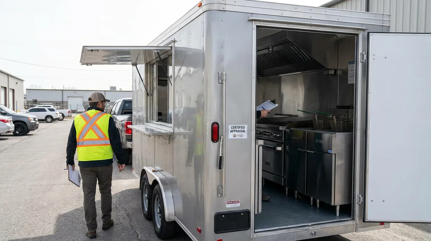 Certified appraiser inspecting food trailer exterior and kitchen equipment with clipboard
