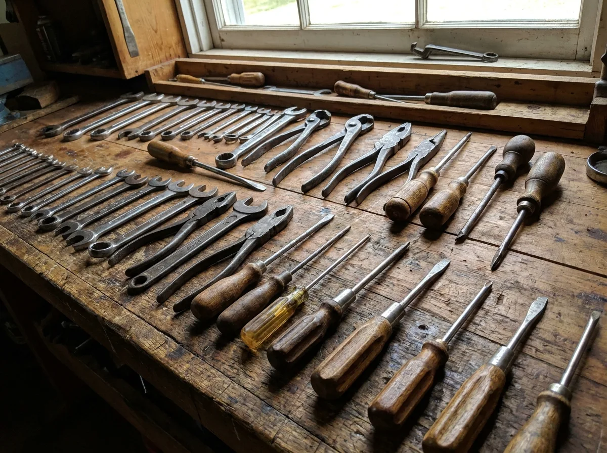 Assorted wrenches, pliers, and screwdrivers arranged on a wooden workbench