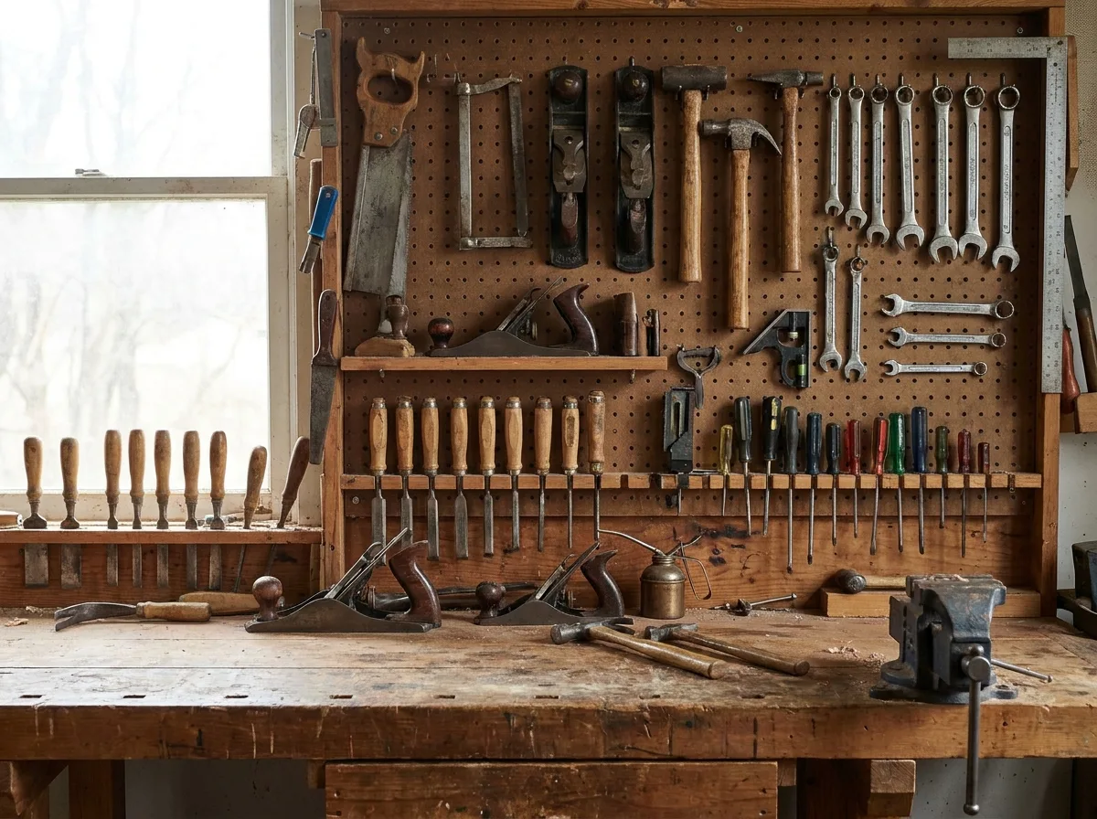 Assorted hand tools arranged neatly on a workbench with natural daylight