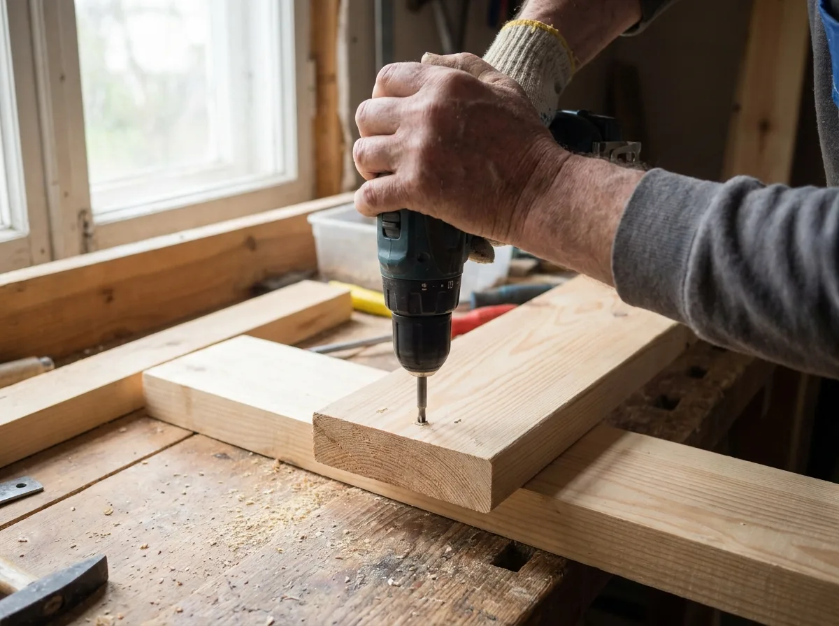 Hands using cordless drill on wooden board at workbench near window light