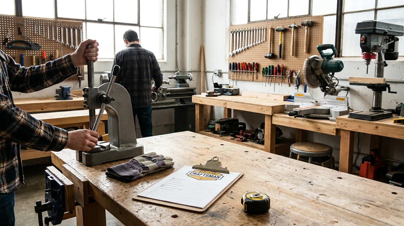 Organized workbench with hand tools, machinery, and clipboard displaying certification badge