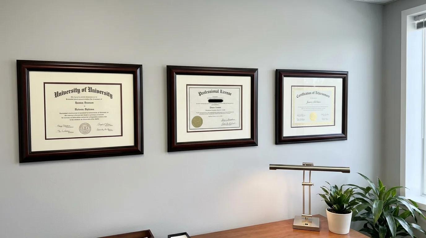 Professional certificates in frames mounted on office wall