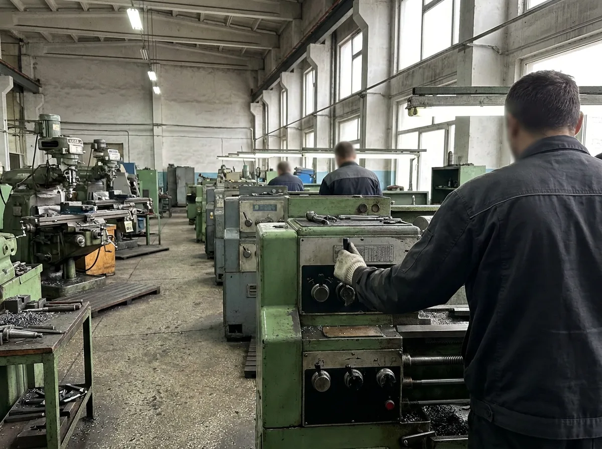 Worker adjusting controls on industrial lathe in factory setting with row of milling machines