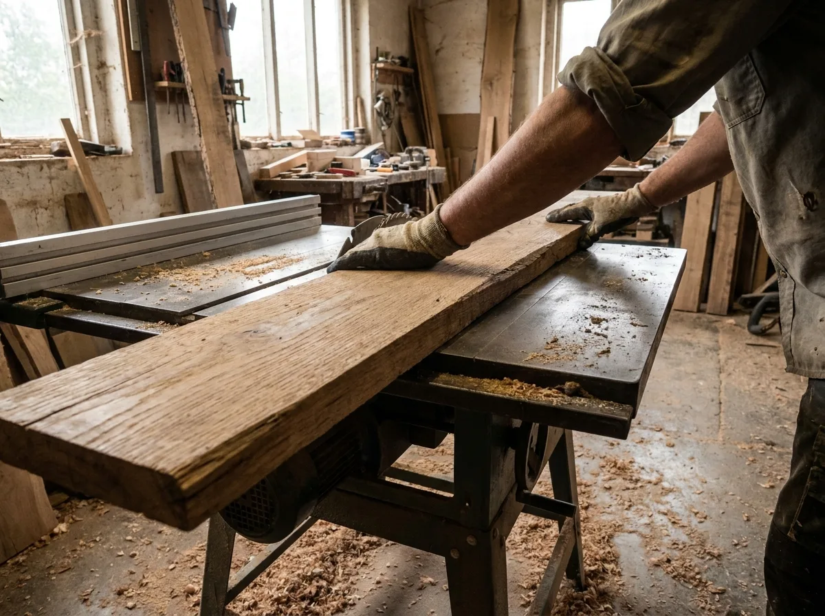 Woodworker's hands guiding wooden plank through table saw with wood shavings in workshop