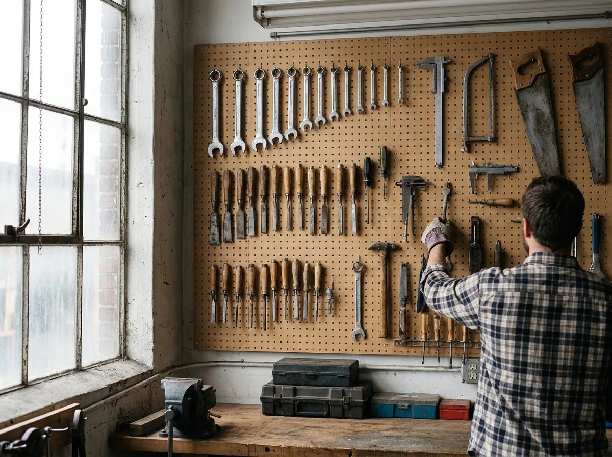 Pegboard wall displaying organized specialty trade tools in natural daylight