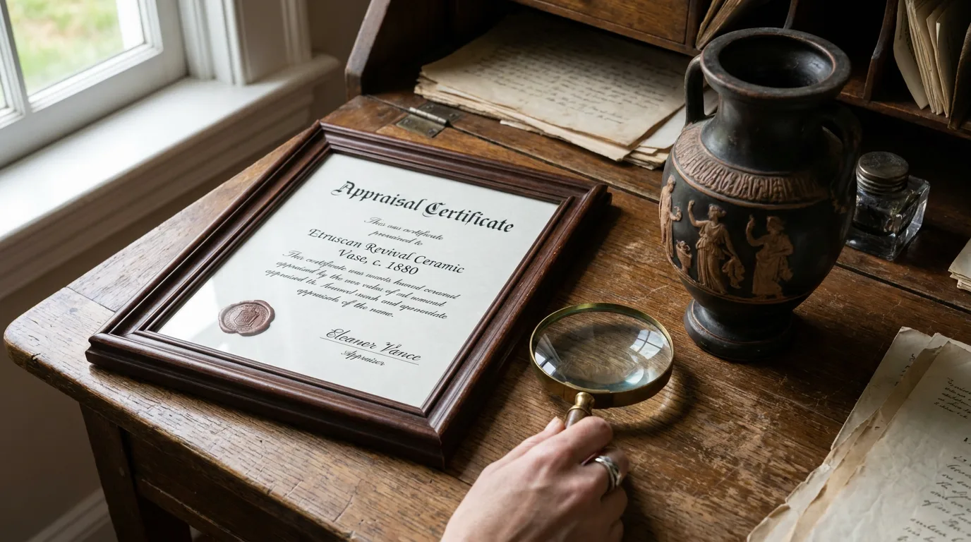 Framed appraisal certificate and magnifying glass on wooden desk next to antique vase