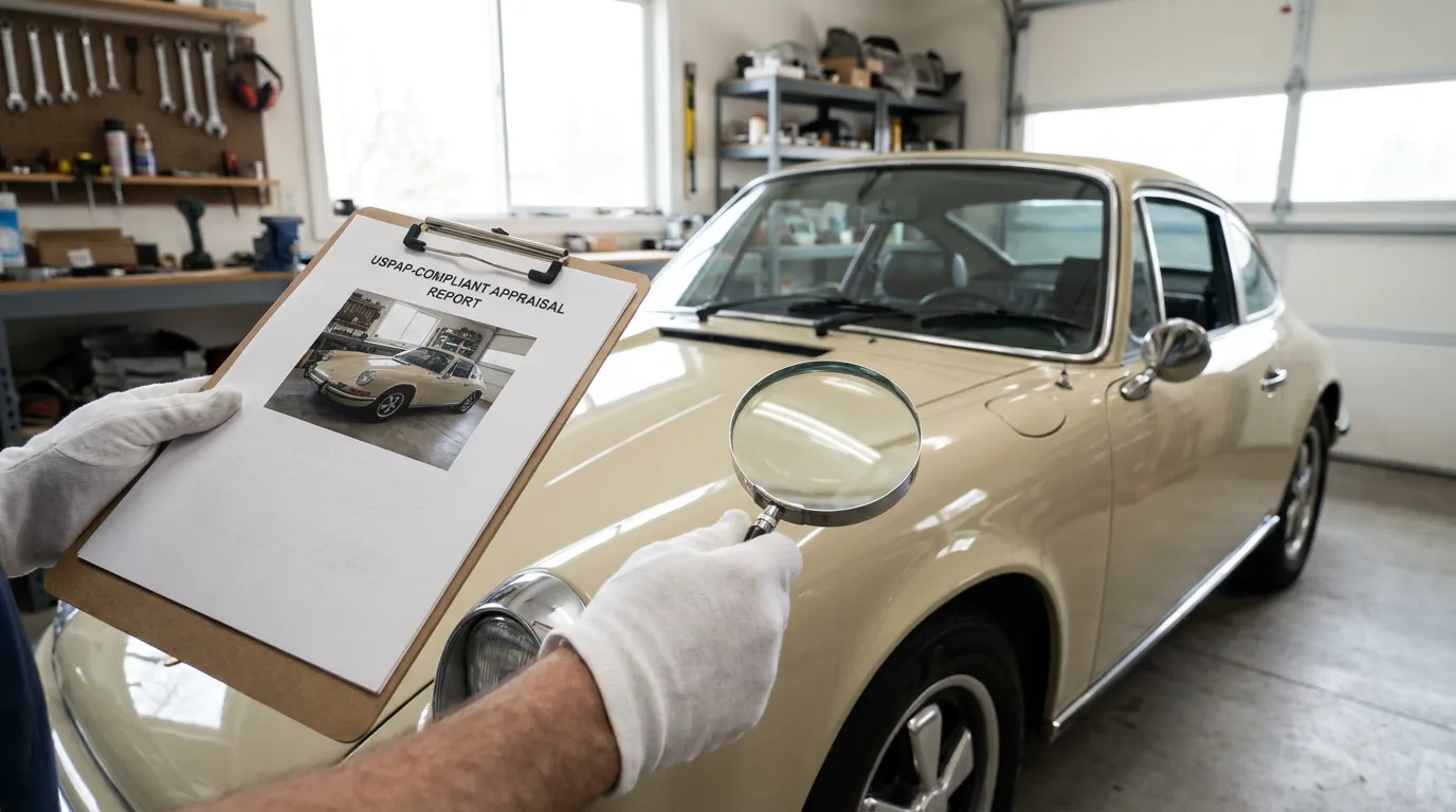 Certified appraiser examining classic car exterior while holding USPAP-compliant report clipboard in garage