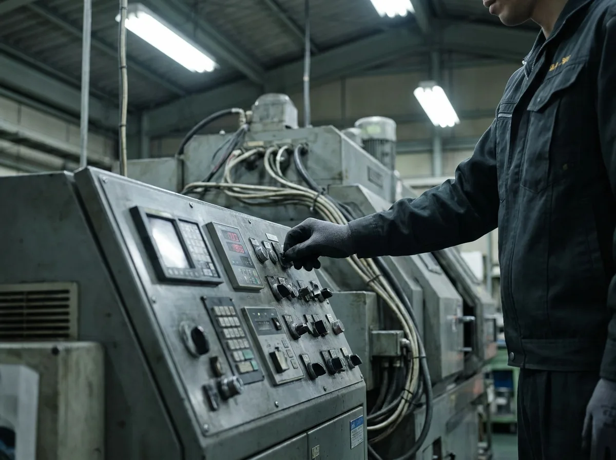 Technician adjusting controls on industrial machinery in factory setting