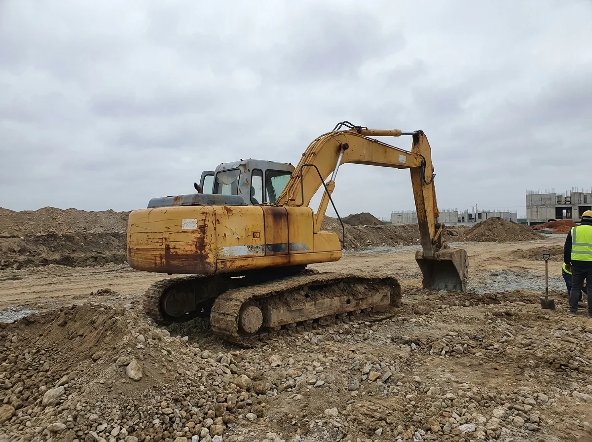 Weathered yellow excavator on dirt construction site under overcast sky