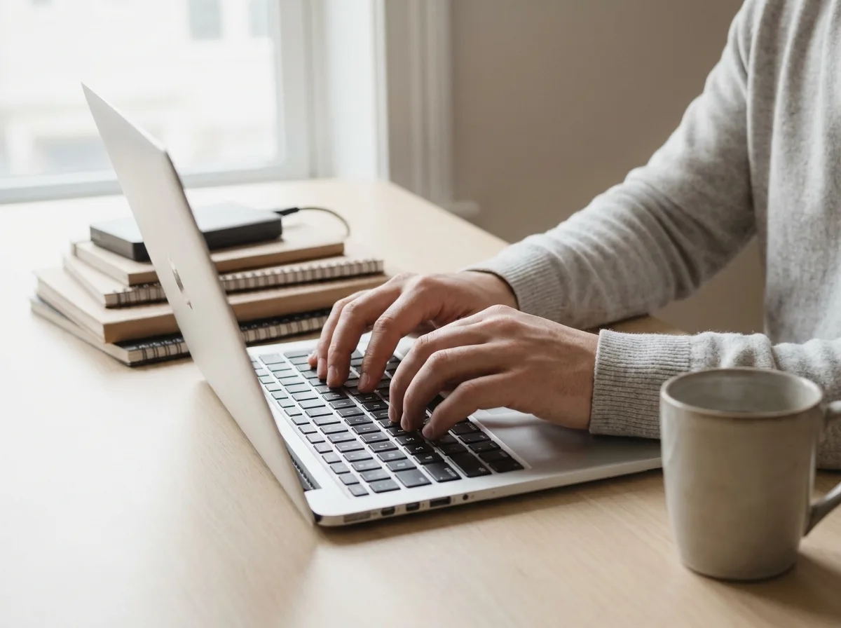 Hands typing on laptop keyboard at desk with office supplies in soft natural light