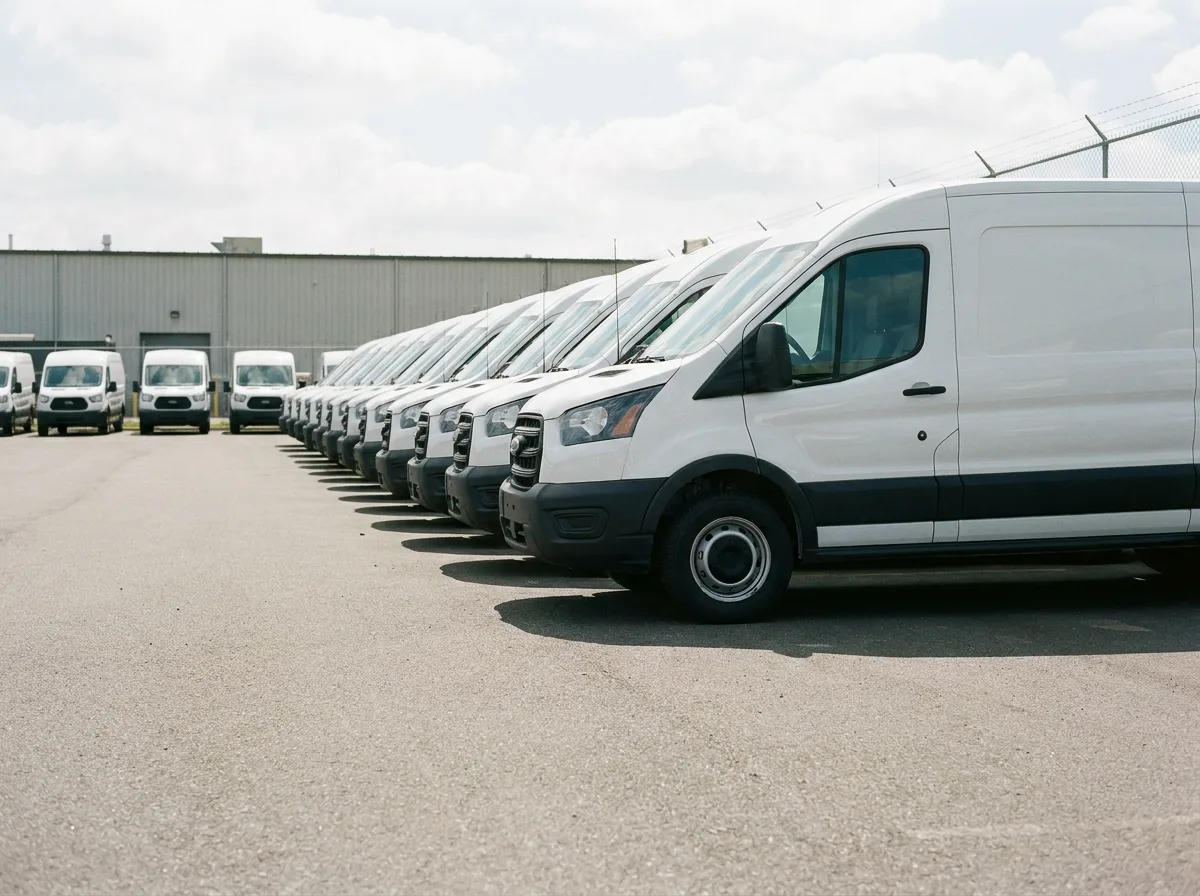 White delivery vans parked in fleet lot photographed from low angle