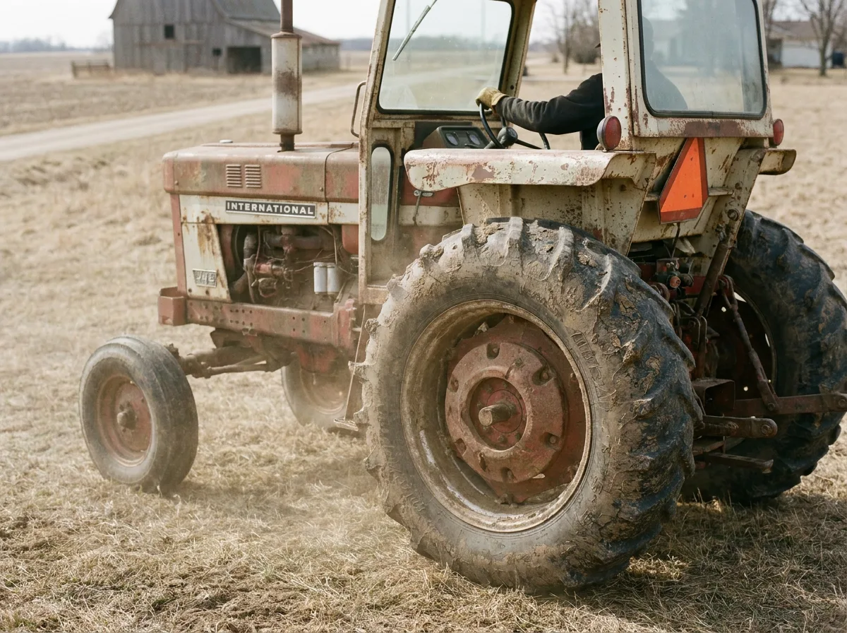 Weathered tractor parked in open field with dust settling around tire treads