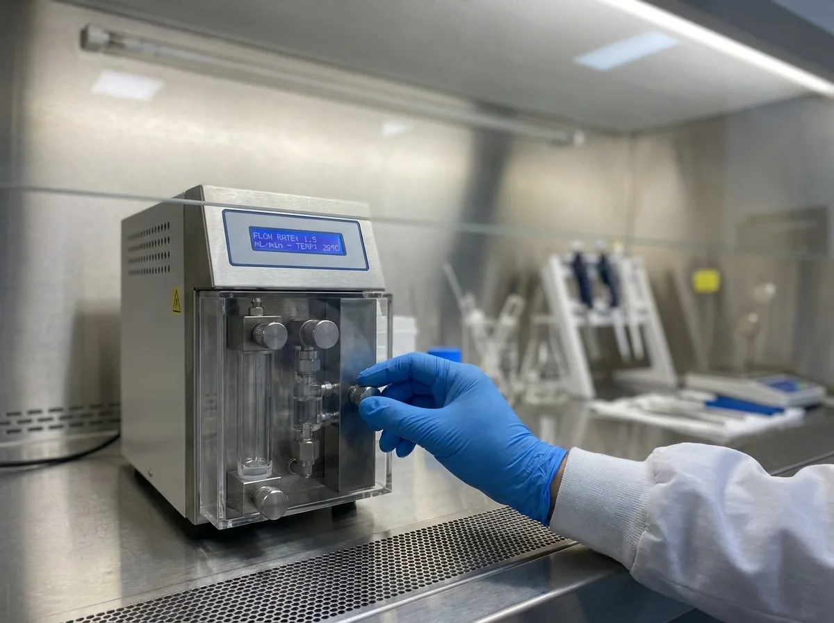 Gloved hand adjusting laboratory analytical instrument with digital display on white bench