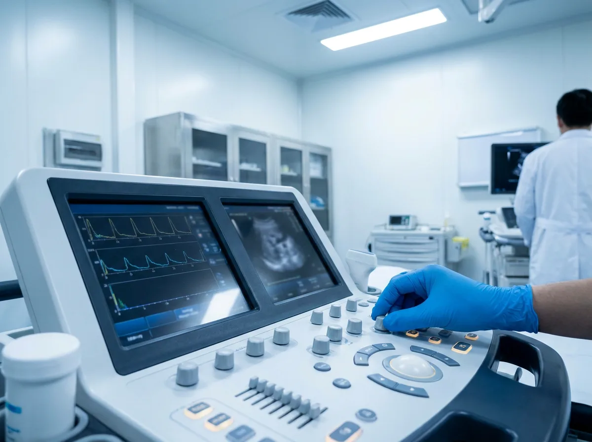 Gloved hand adjusting control dials on diagnostic imaging equipment in clinical room