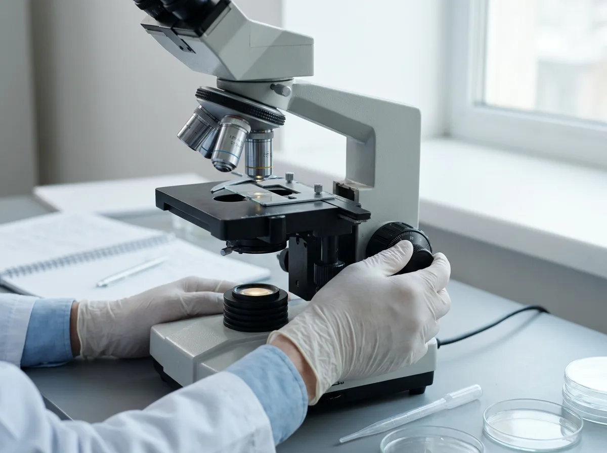 Researcher adjusting microscope focus knob with sample slide under soft lighting