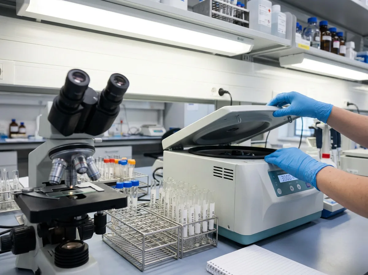 Gloved hands operating a lab centrifuge with microscopes and test tube racks