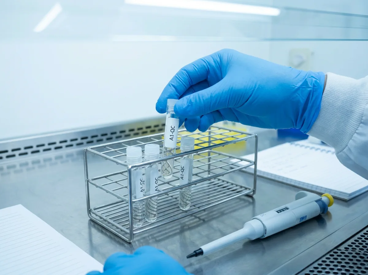 Gloved hand arranging labeled test tubes in a lab rack under bright light